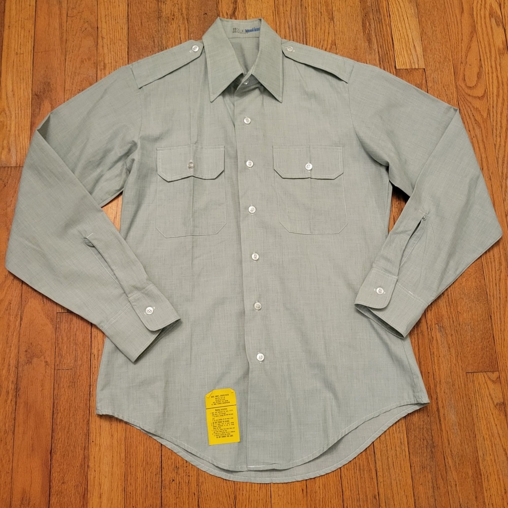 DSCP 15.5x34 Long Sleeve Shirt Green Military Epaulets Pockets Utility 1980s USA